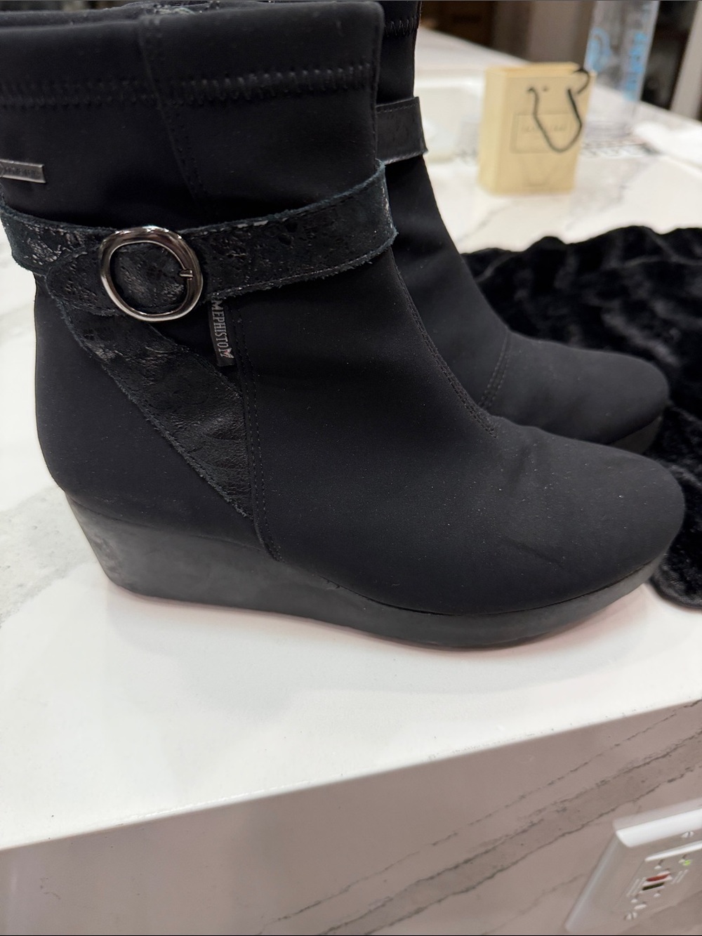 Mephisto Black Wedge Ankle Boots with Buckle Detail